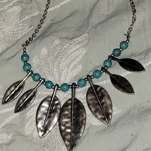 Silver Leaf Necklace with Turquoise Beads - Picture 2 of 2